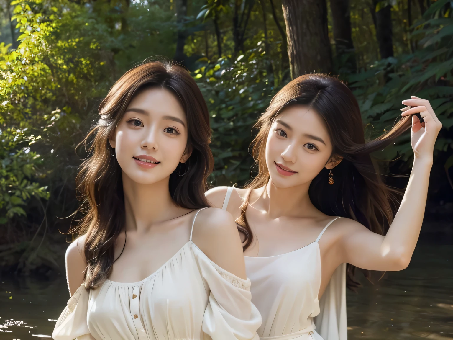 Giorgione painting style,Barbizon forest A beautiful woman in Greek dress smiles on the shore,Sweet and seductive appearance.、Caravaggio's paintings、Chiaroscuro of Caravaggio、hair tousled by the wind,Two women frolicking,cute smile, expression of ecstasy,Sexy,erotic, full body portrait
