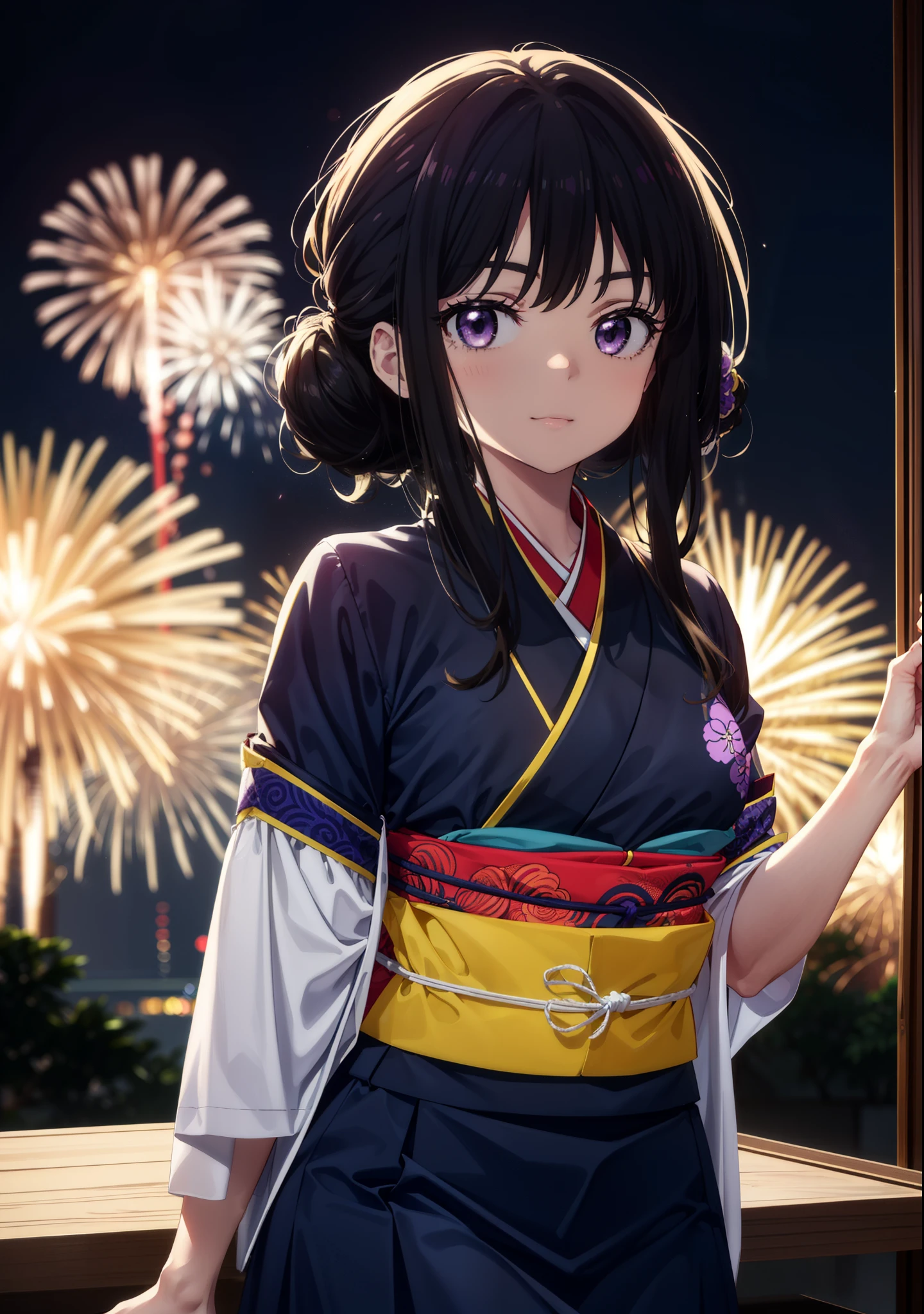 Takiuchi, Check it out,One Girl, Long Hair, bangs, Black Hair, (Purple eyes:1.2),Flower Hair Ornaments,hair tied back,smile,blush,Embarrassing,Blue kimono,Blue long skirt,Sandals,日本のfestival，夏festivalの屋台、Red Lantern,Fireworks in the night sky,The place is a fireworks display,Time is night,whole bodyがイラストに入るように,Looking up from below、Walking,
break outdoors, festival,shrine,
break looking at viewer, whole body,Upper Body,  (Cowboy Shot:1. 5)
break (masterpiece:1.2), highest quality, High resolution, unity 8k wallpaper, (shape:0.8), (Beautiful details:1.6), Highly detailed face, Perfect lighting, Extremely detailed CG, (Perfect hands, Perfect Anatomy),