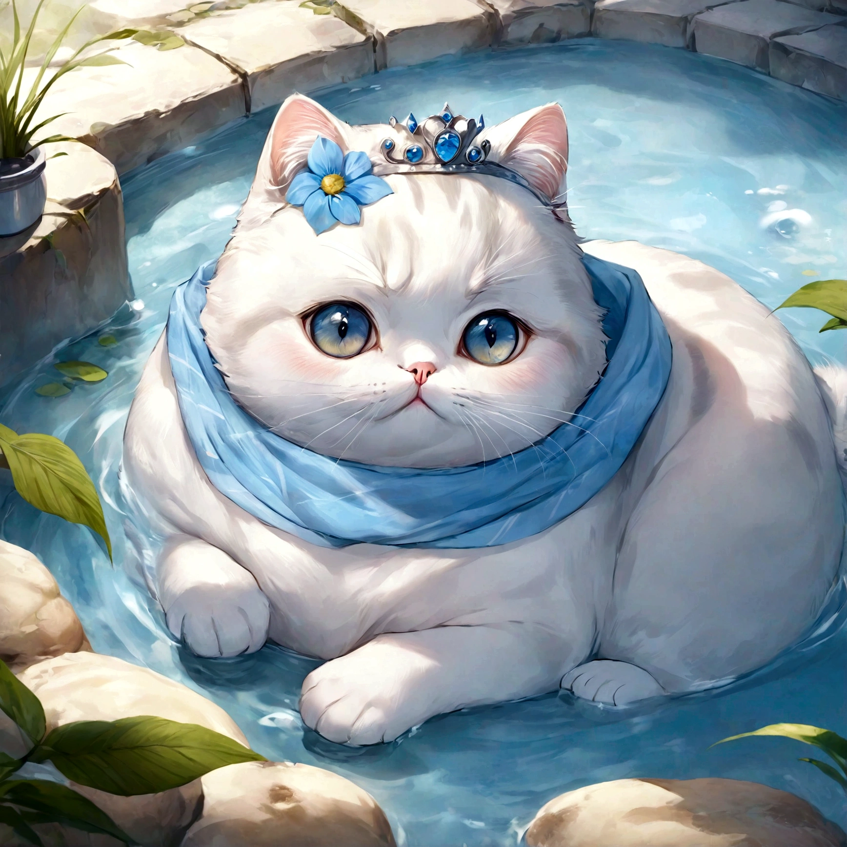 cute adorable Scottish Fold lightblue fat cat princess, at hot spring, write word "UNC" on body, adorable digital painting, realistic fantasy art, beautiful digital art