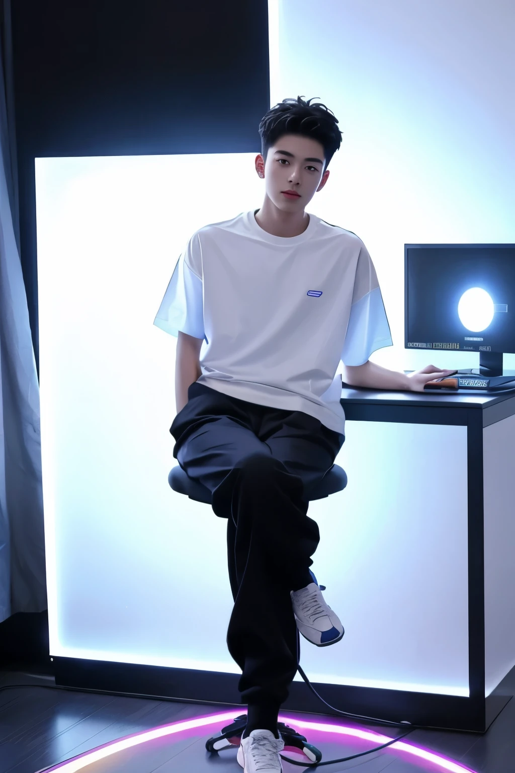 A Beijing young man in a oversize bluelight t shirt and black Jogger trousers against a sitting in a YouTuber's chair in front of a computer on, LED lights, full body, Height is 1 cm, sneaker,  
