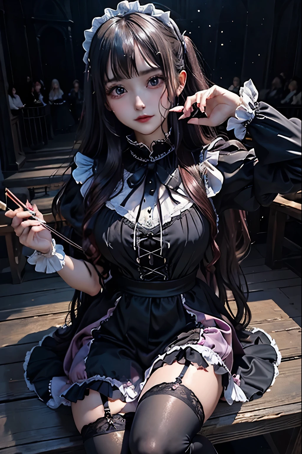 ハードDark Gothicメイク、Deep Night Sky、Horror、Black dark eyeshadow、sad、Good skin radiance、Dark Gothicメイク、Dark smile、palace、24-years-old、Embarrassed look、Dark Gothic、Obscene language、highest quality、Drunk face、紫のMaid clothes、Mysterious、Noble、sexy、Loving smile、Right blue eye, Left eye is red、Platform Heel Shoes、Heavy makeup、Gothic ta Clothing、Silver Hair、Long Hair Straight Hair、Cute Gothic Loliress、Beautiful Face、elegant features、Fascinating face、Stained glassが背景、Chest glistening with sweat、The room is dark、gothic long dress、Bell Sleeves、Wizard Sleeve、Decadent look、Sexually excited expression、Glossy thighs wet with water、Thighs that are wet and shiny with oil、Background of a room full of roses、The embroidery is pink、The dress has pink embroidery、Thigh-high socks、Knee-high socks、Gentle expression、Dark black eyeshadow、Stained glassと薔薇背景、Female Duo、Female couple、dark church background、Stained glass、Black metal world、Dark Castle、Slender body、gothic long dress、Maid clothes、Victorian dresses、Her thighs glisten with sweat、My body is wet and shiny、Lots of glitter on the thighs、My thighs are sticky from sweating、Sweat glistens on the thighs, The whole body is sweaty and shiny、Quite sweaty、My thighs are sweaty、My thighs are so wet、My thighs are shining with sweat、A lot of sweat glistens all over the body、Small breasts、Orchestra StageStage、Dynamic Angle、sitting on a gothic chair、Play the violin gracefully、With a violin、Press the violin strings、violinist、orchestra performance、Thin thighs、slender、Violin body and strings、Sit on a chair、pantyhose、