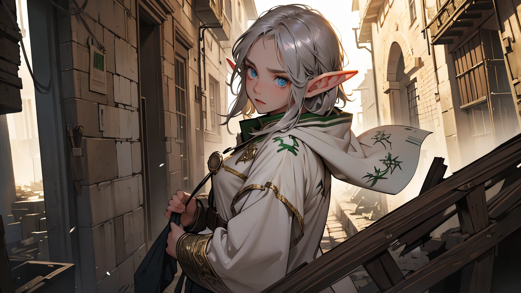 masterpiece, ultra detailed, 8K Portrait, Raw photo, a portrait photo of girl, Highly detailed face, beautiful and meticulous eyes, ((Fantasy)), (elf:1.5), 1girl, 10 year old, young girl, little, gray short hair, brown eyes, Kind face, skinny, (dirty and tattered clothes), dirty and tattered hooded long white coat Fluttering in the wind, ((bare foots)), Midday Sun, Hyper realistic, in a medieval back alley, Ambient lighting, Shadow details , strong breeze, Light fog