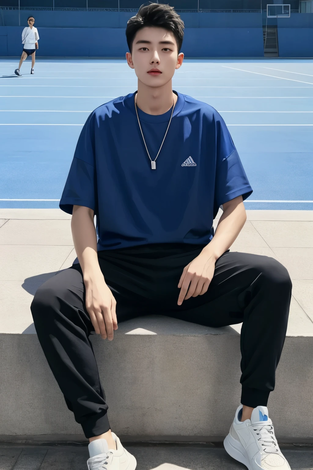 A Beijing young man in a oversize bluelight t shirt and black Jogger trousers against a sit up in the court, full body, Height is 1 cm, sneaker,  