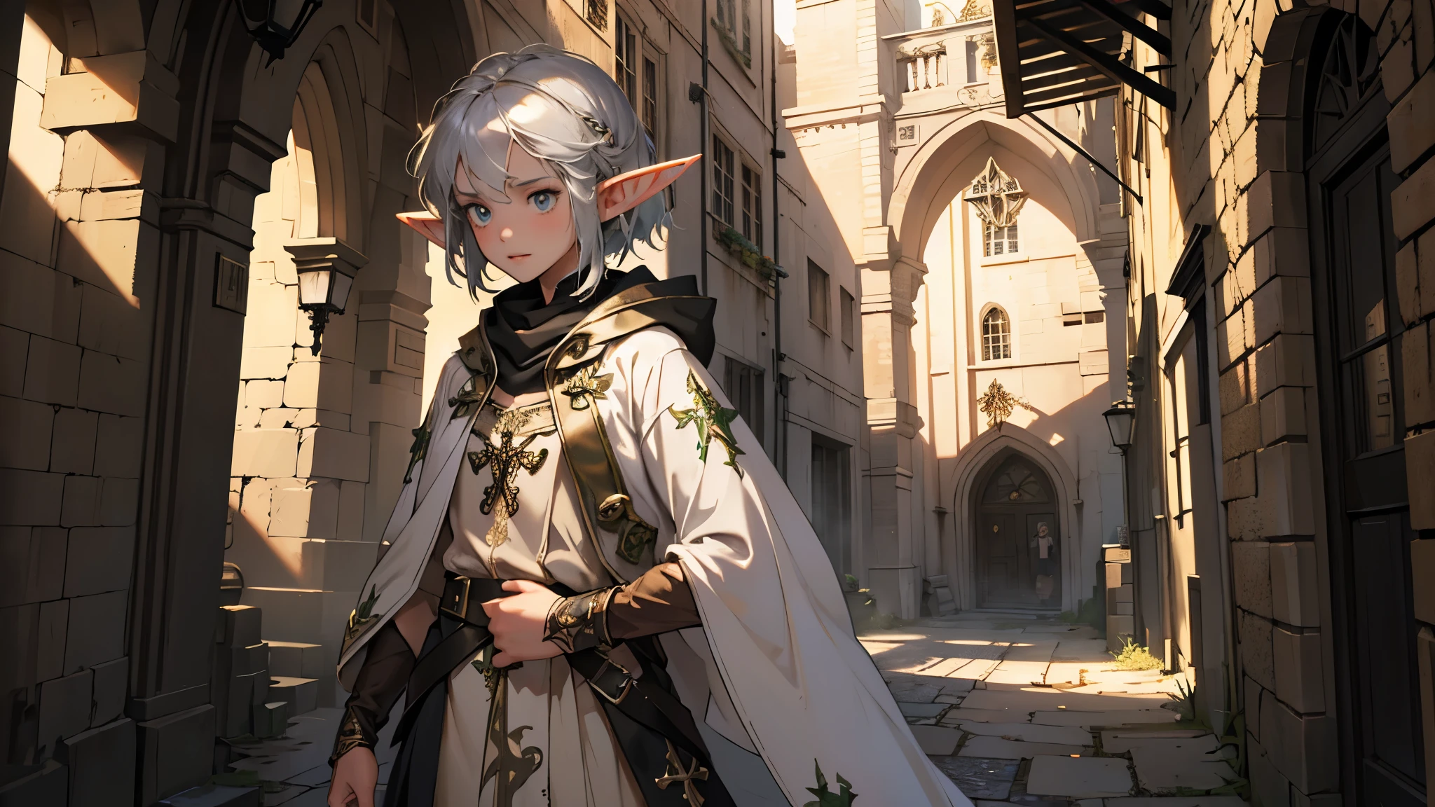masterpiece, ultra detailed, 8K Portrait, Raw photo, a portrait photo of girl, Highly detailed face, beautiful and meticulous eyes, ((Fantasy)), (elf:1.5), 1girl, 10 year old, young girl, little, gray short hair, brown eyes, Kind face, skinny, (dirty and tattered clothes), dirty and tattered hooded long white coat Fluttering in the wind, ((bare foots)), Midday Sun, Hyper realistic, in a medieval back alley, Ambient lighting, Shadow details , strong breeze, Light fog