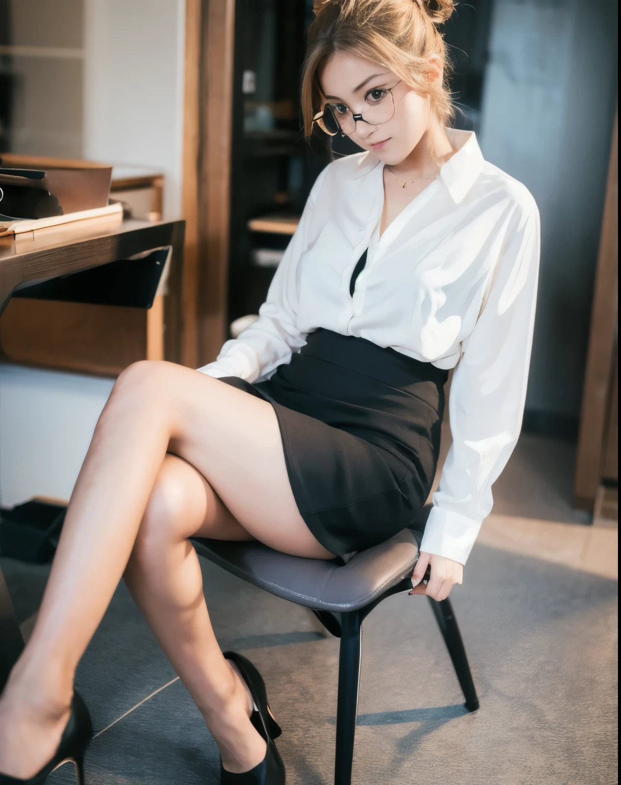 One girl, alone, woman, View Viewer, teacher, Hair Bun, Glasses, blouse, Pencil Skirt, Crossing your legs, Sitting, Chair, fullHD