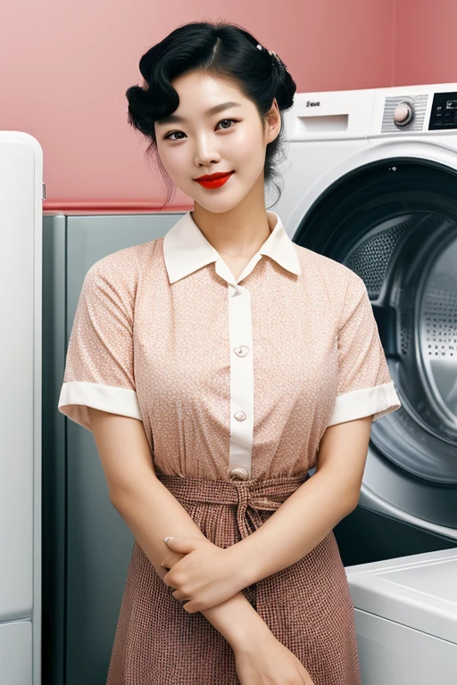 (1 korean young girl), big breasts, strikingly beautiful, delicate facial features, porcelain skin, expressive eyes, black hair, red lips, (hairstyle of the 1980s), (her hair styled in classic pin curls), Visualize a vintage 1980s Korean washing machine advertisement. The setting is a cozy and well-lit room with pastel-colored walls. Centered in the scene is a brand-new washing machine with a glossy finish and visible brand logo. To the left of the washing machine, a youthful Korean woman, (((woman all nude))), beams with delight. Her hair is styled in the signature 80s big hair fashion, and she holds a bunch of clean, white laundry, emphasizing the washing machine's efficiency.