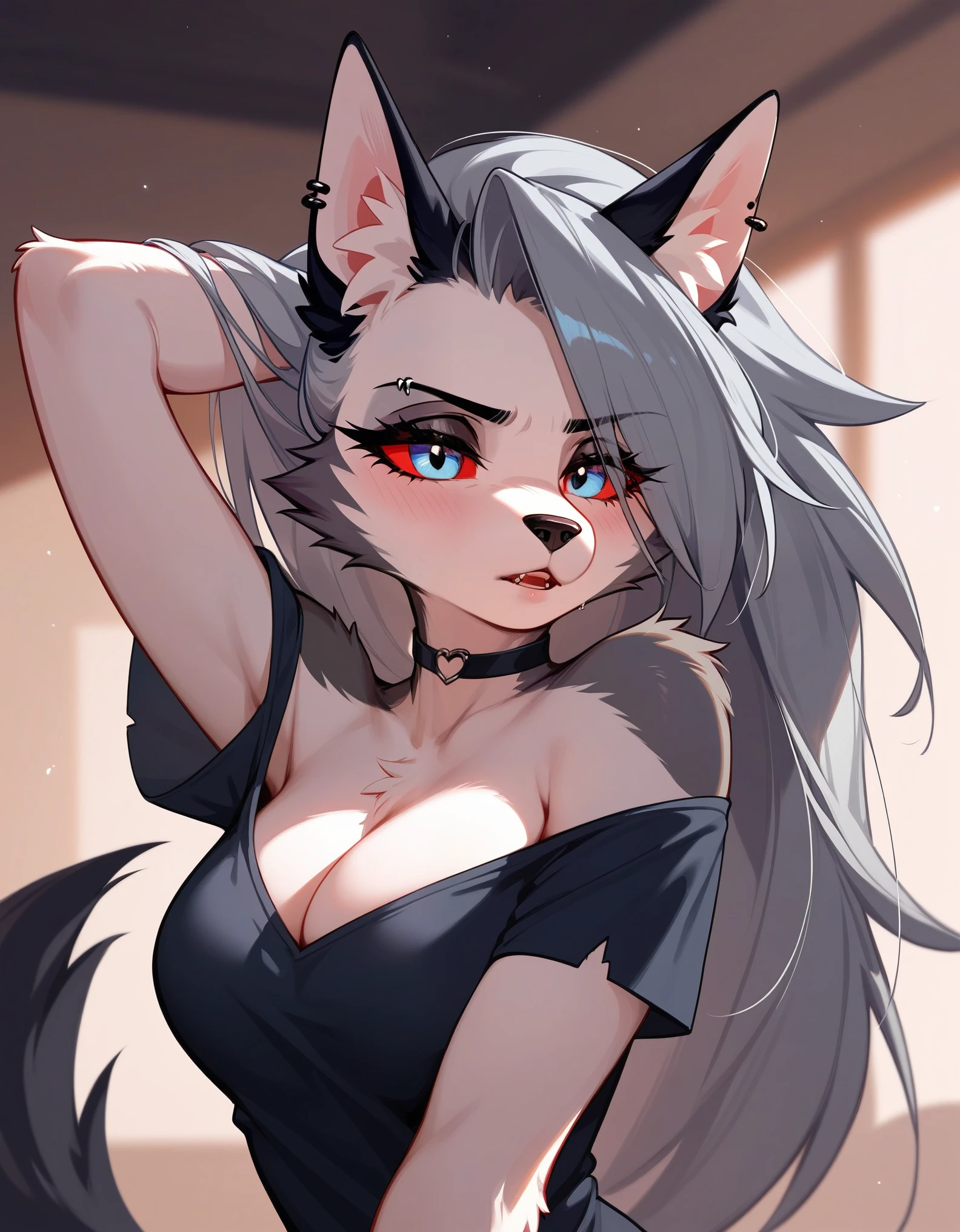 Solo, score_9,score_8_up,score_7_up, kemono style,  a young nerdy Anthro furry wolf woman, wolf snout, white furry body, tall, long black messy hair, black hair, white wolf tail, blue eyes, white wolf ears, white wolf tail, small breasts, naked, close up, portrait, pouting, jazz hands, open palm hands. hands, five fingers, chest tuft 