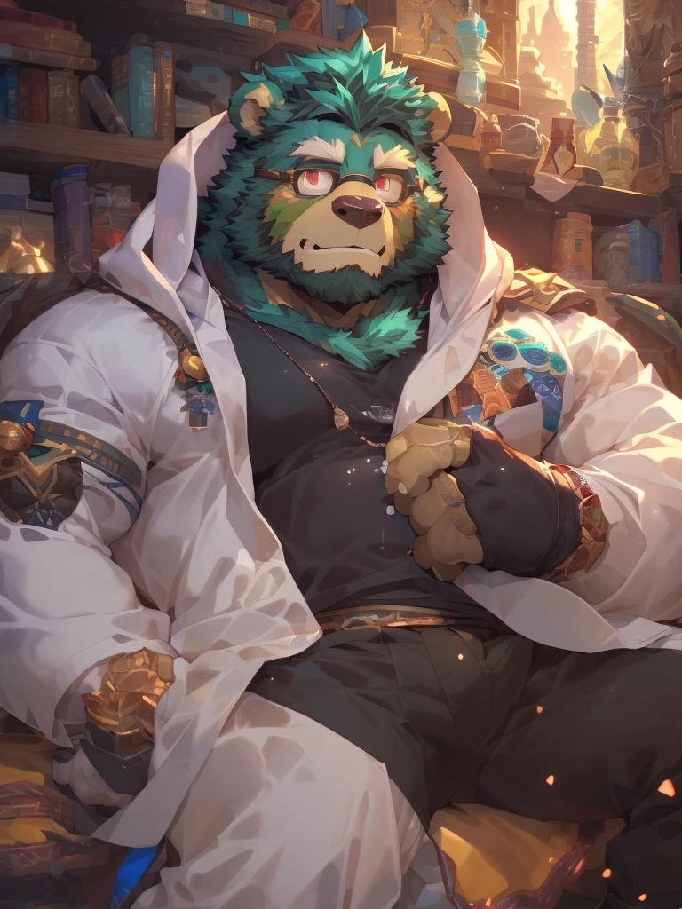 Solo, SemiMuscular Medium thin, male middle aged, anthro Badger, Master of Philosophy, black and creamy white fur, body beauty of a bluish-green tone, thin beard, flirting, dynamic light, opened Shirt, Spectacles, thick shirt ,Teal  hair and beard, extremely hot and sexy, Daddy figure, hot daddy, by darkgem, by zixiong, by glitter trap boy