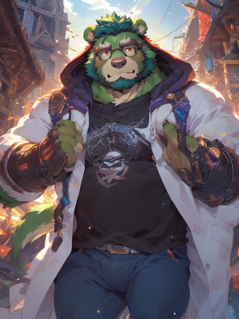 masterpiece ,best quality ,delicate face ,delicate eyes ,perfect anatomy ,Super detailed ,depth of field ,perfect lighting ,light particles ,Vibrant colors , sharp lineart, adventurer cloth ,masterpiece,high quality,anime,detailed eyes,furry male Green Bear, (((Jinpei))), Great physique, arm gauntlet, (Rainbow Spark), highly detailed, (((detailed face, detailed eyes, detailed background, detailed))), (digital flat colors:1.1), (masterpiece:1.3),(best quality:1.4), 4k, hi res, Solo, solo focus, Male, Male focus, anthropomorphic, bear, mature, shaded, good anatomy, (((green bear))), (((green fur))), (((no human hair))), beard, white eyebrows, (((bald))), detailed dark red eyes, tall))), 5 fingers, (((black t-shirt inside))), (((white coat with hood))), (((by zixiong, by bogexboog, by null-ghost, by pino daeni))), nj5furry, full body, landscape, wizard, scifi, scifi city landscape, scifi fantasy, (((saiyan scouter))),