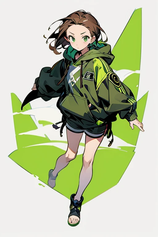  eye, exposed ,15 years old、juvenile, Forehead、 green_eye, Brown_hair, Hello, have, Jacket、hoodie、Shoulder Bare、Large hood、Brownのhair, Shorts、feet、Thighs、white background, full body