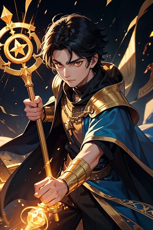 "Draw a talented 20-year-old wizard. He has black hair and golden eyes that glow like flames. He wears a dark blue cloak with golden magical symbols and is holding a wooden staff with a gem at the end. Lysander is in a ancient temple, surrounded by glowing runes and magical energy."