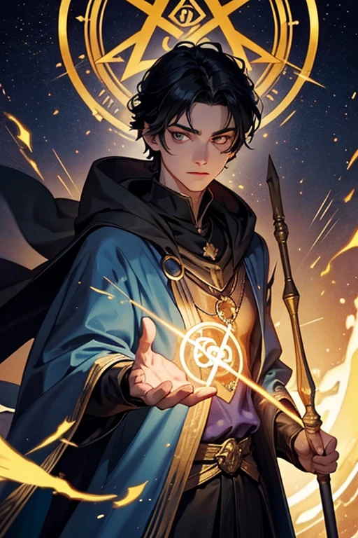 "Draw a talented 20-year-old wizard. He has black hair and golden eyes that glow like flames. He wears a dark blue cloak with golden magical symbols and is holding a wooden staff with a gem at the end. Lysander is in a ancient temple, surrounded by glowing runes and magical energy."