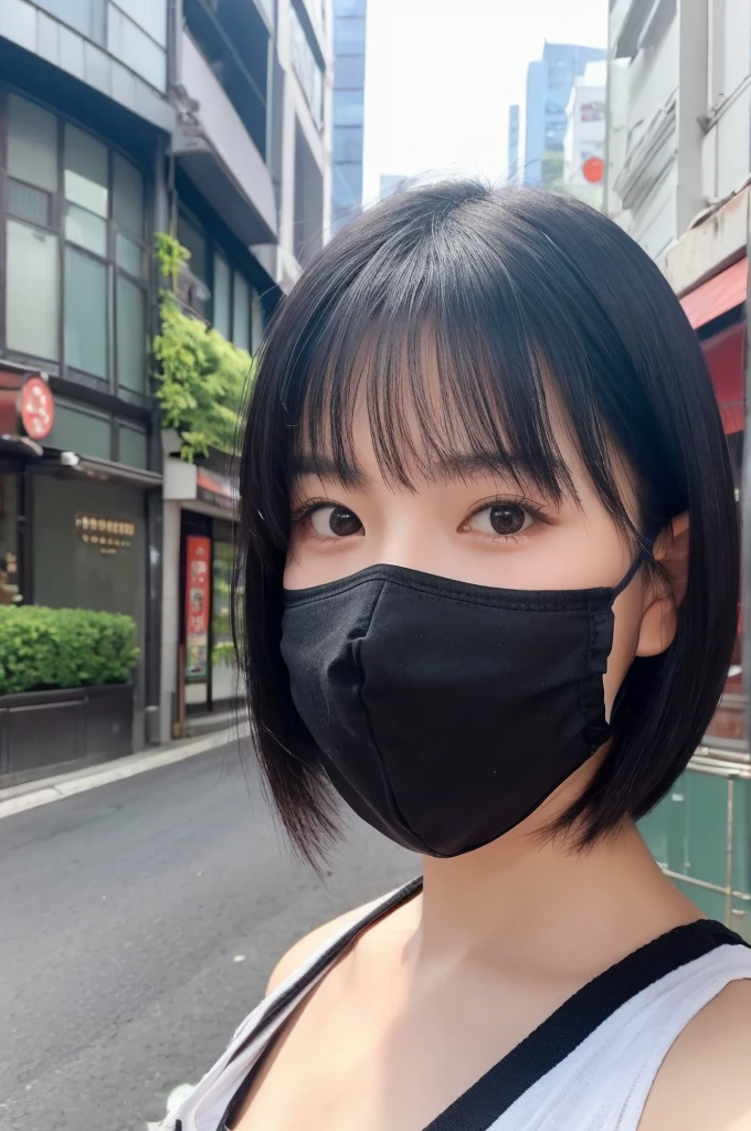 One girl, Japanese, cute sister, black hair color , short hair, wearing a mask, selfie, background is city , upper body only, face close, realistic girl, top quality image,