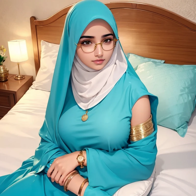 A beautiful high school glasses Arabian girl model, white skin, sharp nose, thin lips, circle face, tight bra, huge breast, off shoulder, wearing hijab, golden indian bangle and bracelet, golden necklace, golden swiss polo watch, lying to bed, landing on pillow, hug the pillow, detailed squinting eyes, detailed horny face