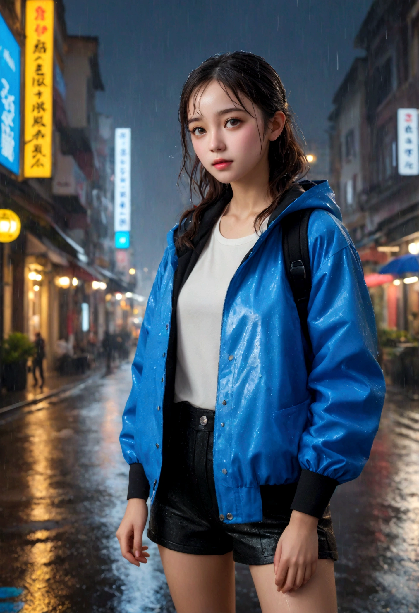 (RAW photo, best quality, masterpiece:1.2), (realistic, photo-realistic:1.37), omertosa, 1girl, (aegyo sal:1), cute, cityscape, night, rain, wet, professional lighting, photon mapping, radiosity, physically-based rendering