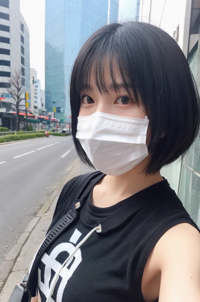 One girl, Japanese, cute sister, black hair color , short hair, wearing a mask, selfie, background is city , upper body only, face close, realistic girl, top quality image,