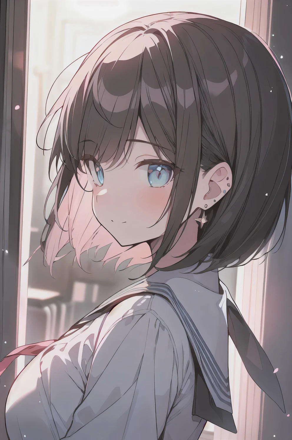 (best quality), (Super detailed), (Best Illustration), (masterpiece), insane detail, score_9, score_8_up, score_7_up, 4k, (woman), solo, (from side), (serafuku), (large breasts:1.2), {brown hair, (sideburns), (bob cut:1.3), curly hair, hairs between eyes, colored inner hair}, {(detailed eyes), blue eyes}, light smile, (closed mouth:1.2), blush, earring, wind, classroom