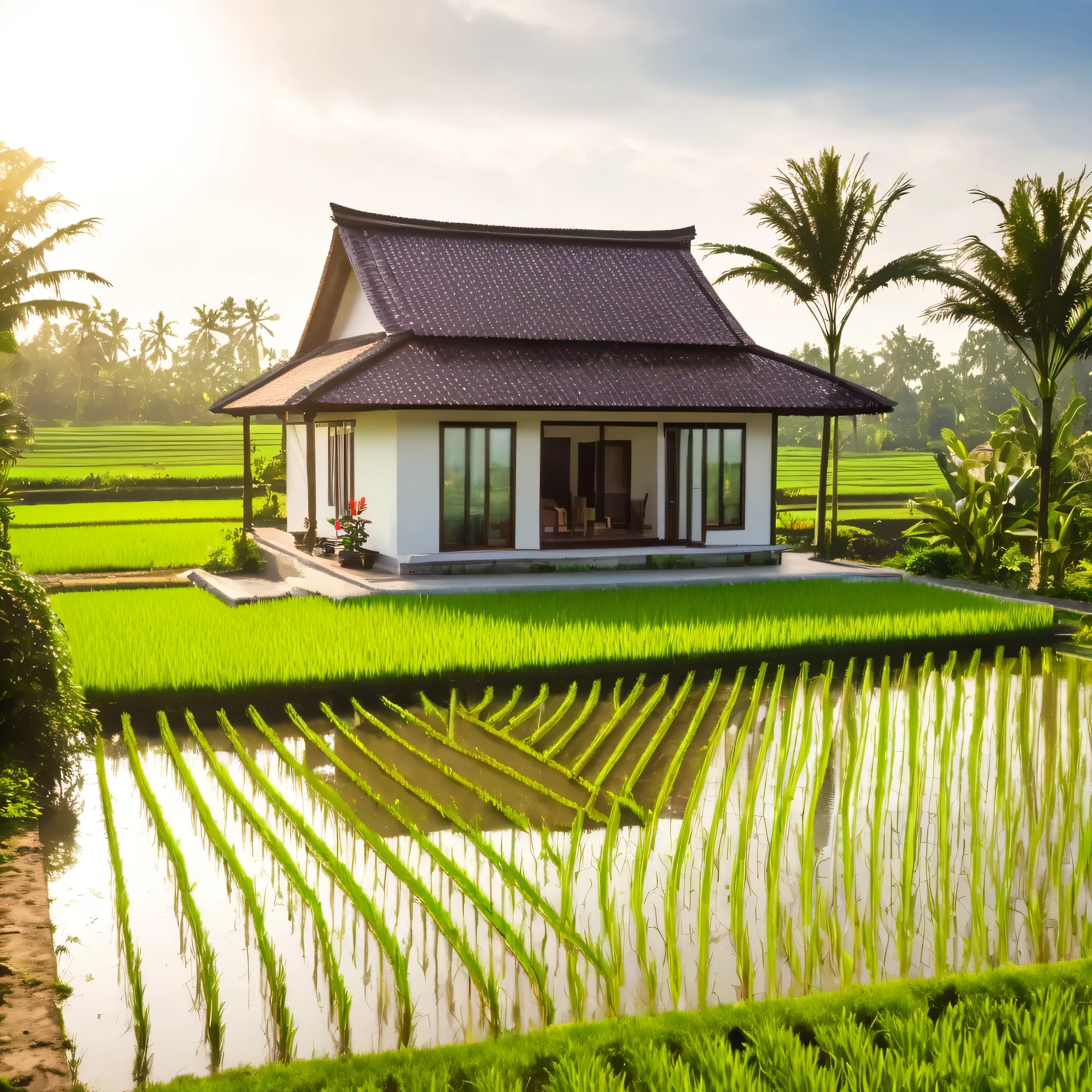 Realistic photo of a simple house with a sunbeam, next to rice fields and gardens. Focus on the roof tiles
