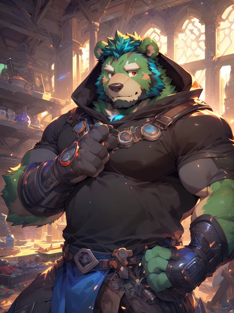 masterpiece ,best quality ,delicate face ,delicate eyes ,perfect anatomy ,Super detailed ,depth of field ,perfect lighting ,light particles ,Vibrant colors , sharp lineart, adventurer cloth ,masterpiece,high quality,anime,detailed eyes,furry male Green Bear, (((Jinpei))), Great physique, arm gauntlet, (Rainbow Spark), highly detailed, (((detailed face, detailed eyes, detailed background, detailed))), (digital flat colors:1.1), (masterpiece:1.3),(best quality:1.4), 4k, hi res, Solo, solo focus, Male, Male focus, anthropomorphic, bear, mature, shaded, good anatomy, (((green bear))), (((green fur))), (((no human hair))), beard, white eyebrows, (((bald))), detailed dark red eyes, tall))), 5 fingers, (((black t-shirt inside))), (((white coat with hood))), (((by zixiong, by bogexboog, by null-ghost, by pino daeni))), nj5furry, full body, landscape, wizard, scifi, scifi city landscape, scifi fantasy, (((saiyan scouter))),