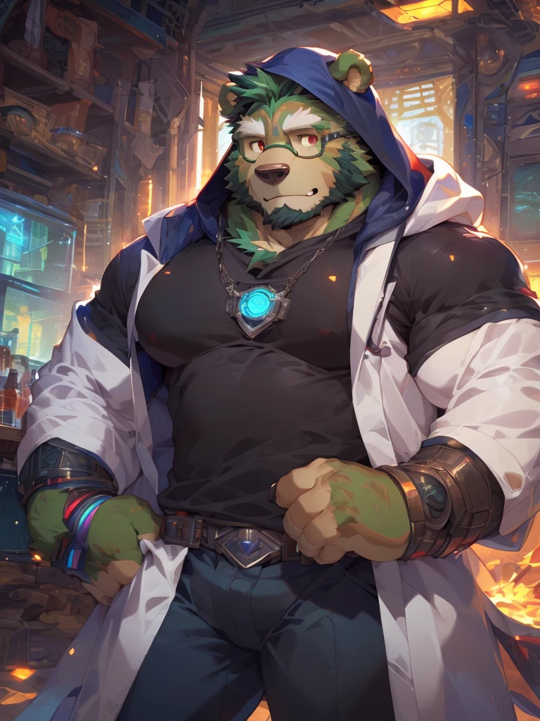 masterpiece ,best quality ,delicate face ,delicate eyes ,perfect anatomy ,Super detailed ,depth of field ,perfect lighting ,light particles ,Vibrant colors , sharp lineart, adventurer cloth ,masterpiece,high quality,anime,detailed eyes,furry male Green Bear, (((Jinpei))), Great physique, arm gauntlet, (Rainbow Spark), highly detailed, (((detailed face, detailed eyes, detailed background, detailed))), (digital flat colors:1.1), (masterpiece:1.3),(best quality:1.4), 4k, hi res, Solo, solo focus, Male, Male focus, anthropomorphic, bear, mature, shaded, good anatomy, (((green bear))), (((green fur))), (((no human hair))), beard, white eyebrows, (((bald))), detailed dark red eyes, tall))), 5 fingers, (((black t-shirt inside))), (((white coat with hood))), (((by zixiong, by bogexboog, by null-ghost, by pino daeni))), nj5furry, full body, landscape, wizard, scifi, scifi city landscape, scifi fantasy, (((saiyan scouter))),
