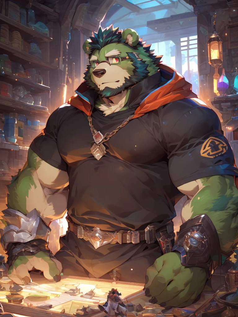 masterpiece ,best quality ,delicate face ,delicate eyes ,perfect anatomy ,Super detailed ,depth of field ,perfect lighting ,light particles ,Vibrant colors , sharp lineart, adventurer cloth ,masterpiece,high quality,anime,detailed eyes,furry male Green Bear, (((Jinpei))), Great physique, arm gauntlet, (Rainbow Spark), highly detailed, (((detailed face, detailed eyes, detailed background, detailed))), (digital flat colors:1.1), (masterpiece:1.3),(best quality:1.4), 4k, hi res, Solo, solo focus, Male, Male focus, anthropomorphic, bear, mature, shaded, good anatomy, (((green bear))), (((green fur))), (((no human hair))), beard, white eyebrows, (((bald))), detailed dark red eyes, tall))), 5 fingers, (((black t-shirt inside))), (((white coat with hood))), (((by zixiong, by bogexboog, by null-ghost, by pino daeni))), nj5furry, full body, landscape, wizard, scifi, scifi city landscape, scifi fantasy, (((saiyan scouter))),