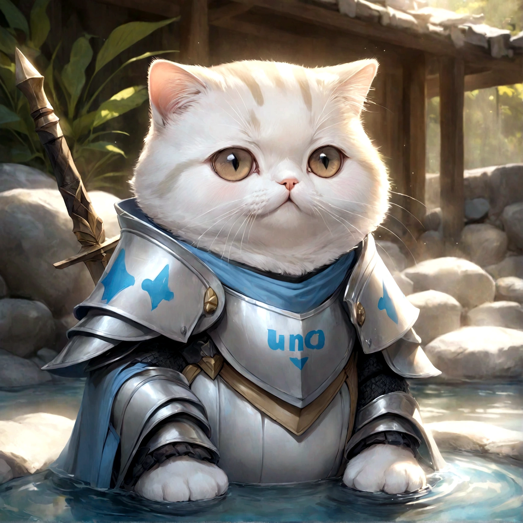 cute adorable Scottish Fold lightblue fat cat, paladin knight, at hot spring, write word "UNC" on body, adorable digital painting, realistic fantasy art, beautiful digital art