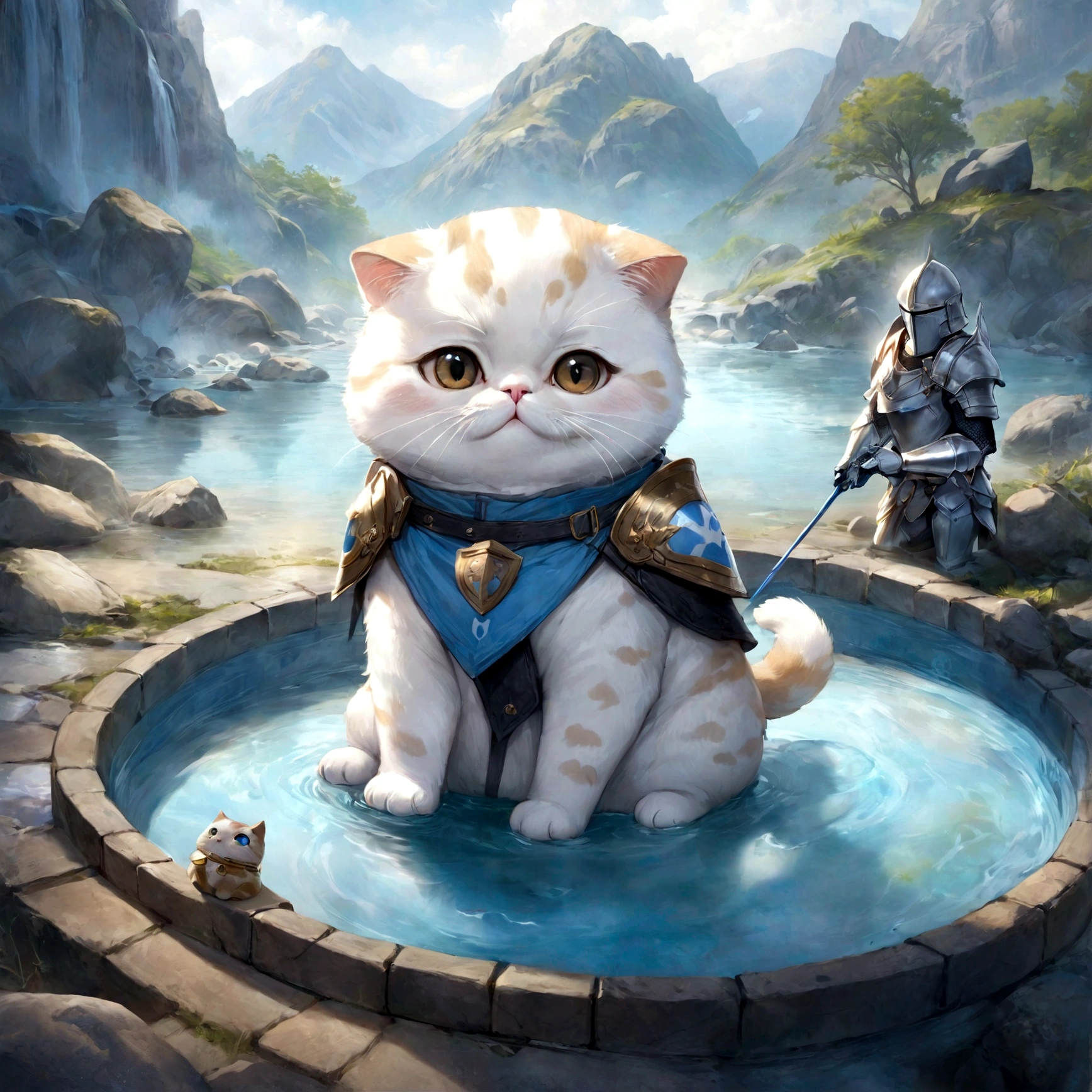 cute adorable Scottish Fold lightblue fat cat, paladin knight, at hot spring, write word "UNC" on body, adorable digital painting, realistic fantasy art, beautiful digital art