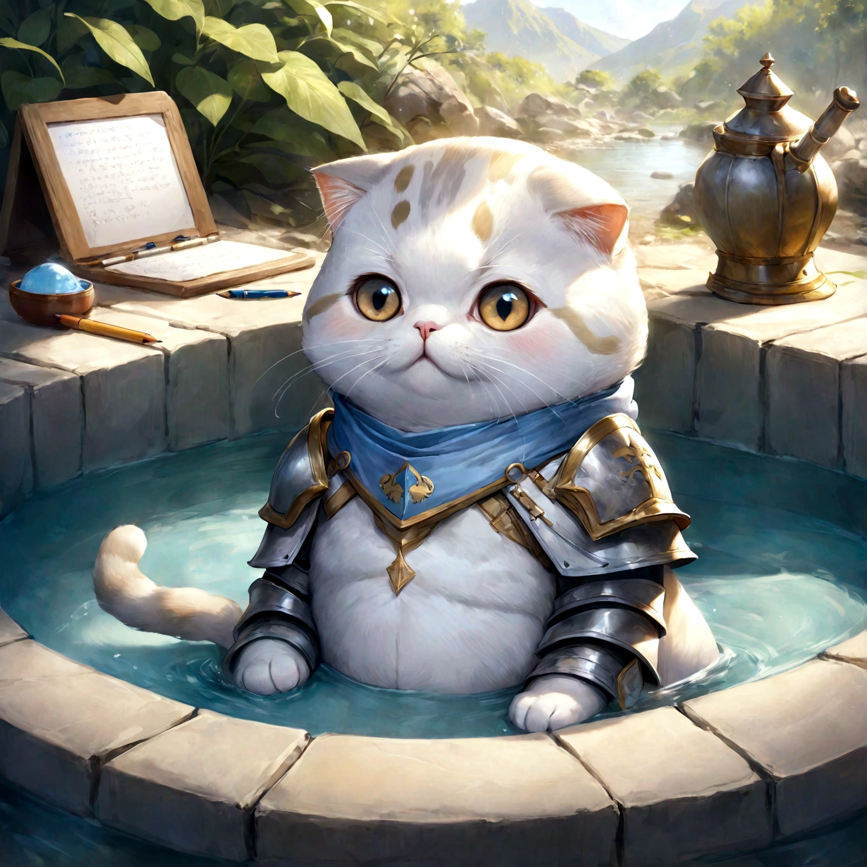 cute adorable Scottish Fold lightblue fat cat, paladin knight, at hot spring, write word "UNC" on body, adorable digital painting, realistic fantasy art, beautiful digital art