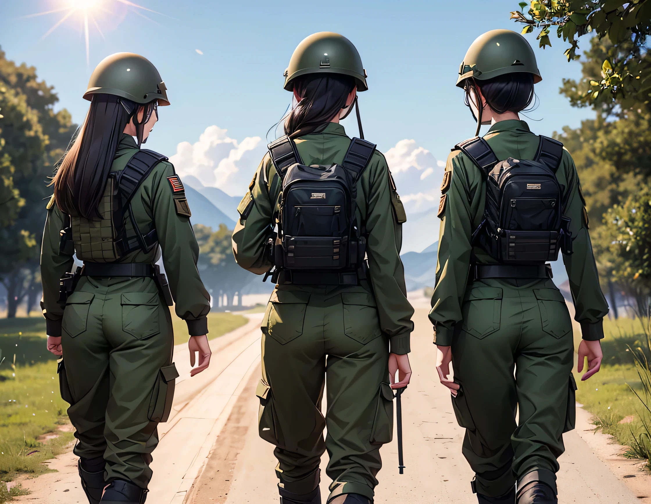 View from behind，Four female soldiers walking side by side、The same posture、All back、Only the part above the calf is shown、Wearing dark green M-51 military uniform、Put on a helmet、Military Pants、Individual equipment set、Write details、masterpiece、best quality、Highly detailed CG、8K quality theater lighting、lens flare、