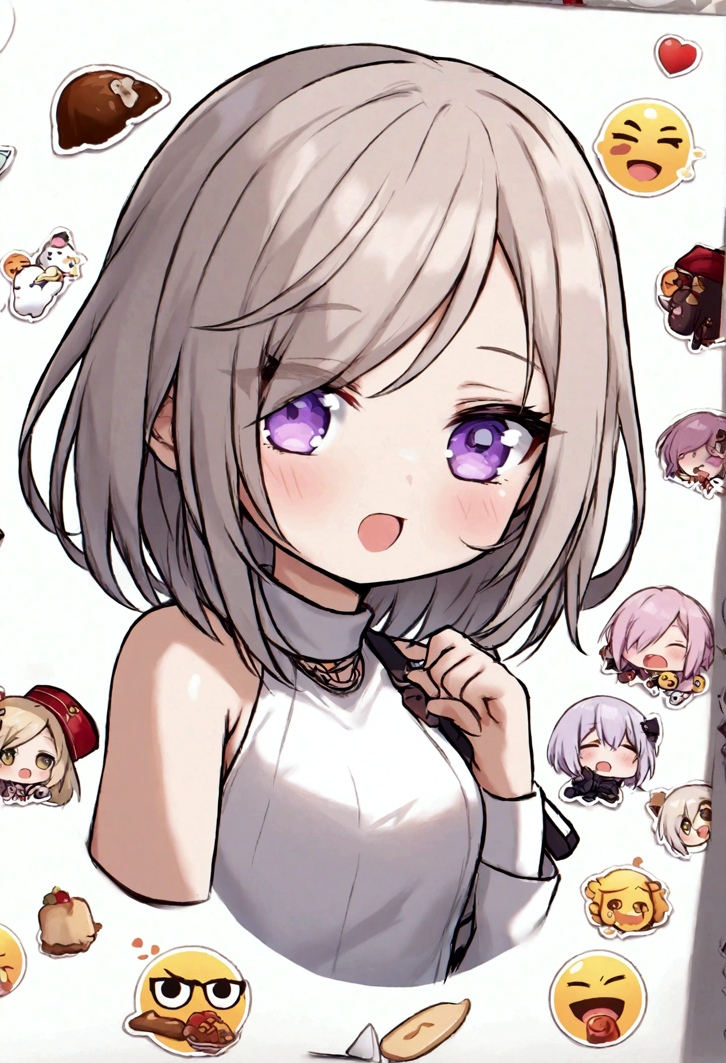 Best quality, Meisterwerk, Kyrielight-Brei, Allein, 1 girl, Schwarze Augen, white turtleneck shirt, (chibi: 0.6), hellrote Haare, sticker, emoji, Niedlich, White background, ((Essen machen))