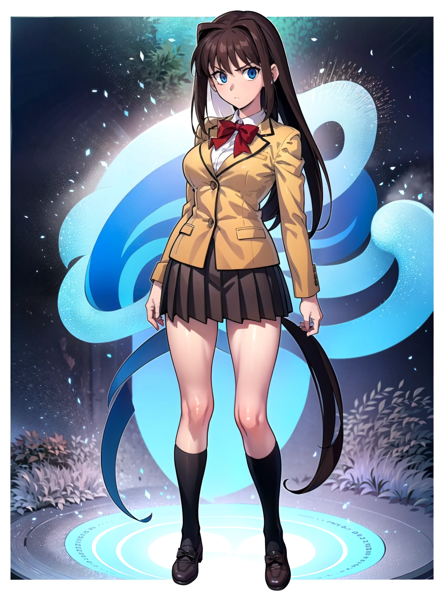 BREAK, centered, BREAK, (EMPTY BACKGROUND), BREAK, (masterpiece), best quality, highest resolution, 8k, illustration, (beautiful detailed eyes:1.5), extremely detailed face, extremely detailed body, CG, perfect hands, perfect anatomy, ((1girl)), ((solo)), (((bbaoko))), ((2 legs max)), ((2 feet max:1.5)), ((swirling vortex shaped longest brown hair:1.5)), (brown longest hair with slightly reddish undertone:1.6), (lush luscious longest brown hair:1.6), (very long voluminous longest brown hair:1.5), serious, blue eyes, red bowtie, (Form-fitting beige blazer:1.5), brown jacket, (highly detailed beautiful face:1.2), (white shirt:1), (well shaped large breasts:1.6), (nice hips:1), pretty legs, (highest black socks:1.5) ((Umber pleated skirt:1.6)), ((bkshrt:1)), (toned visible skin thighs:1.6), (strap shoes brown color), (facing front:1.5), ((standing straight:1.5)), ((Fullbody in frame:1.5)), ((Full body:1.5)), (takeuchi takashi:1.3)

