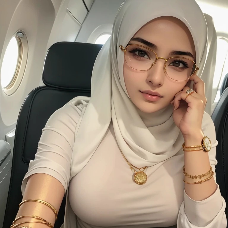 A beautiful high school glasses Arabian 17 years old girl model, white skin, sharp nose, thin lips, circle face, tight bra, big breast, off shoulder, wearing hijab, golden indian bangle and bracelet, golden necklace, golden swiss polo watch, on the plane, tight seatbelt, detailed squinting eyes, detailed horny face