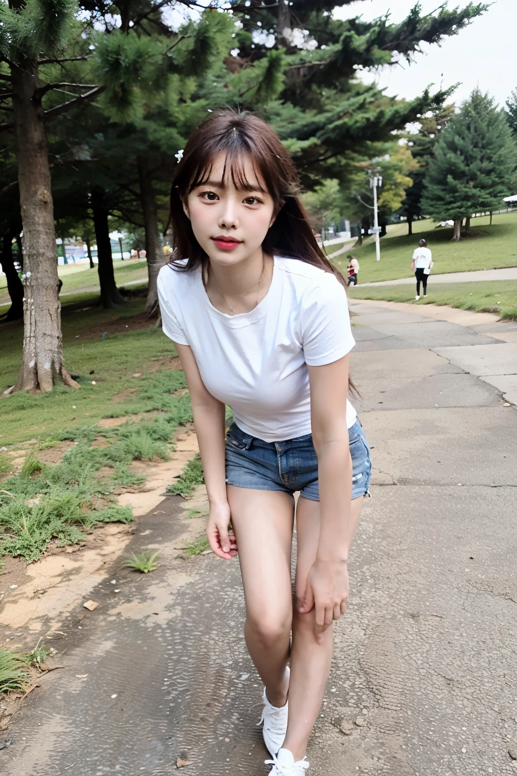 A 25-year-old girl, taking selfies in the park, 8k selfies with bangs, a young and cute Korean face, delicate face, no stockings, white shoes, denim shorts, and a white t-shirt