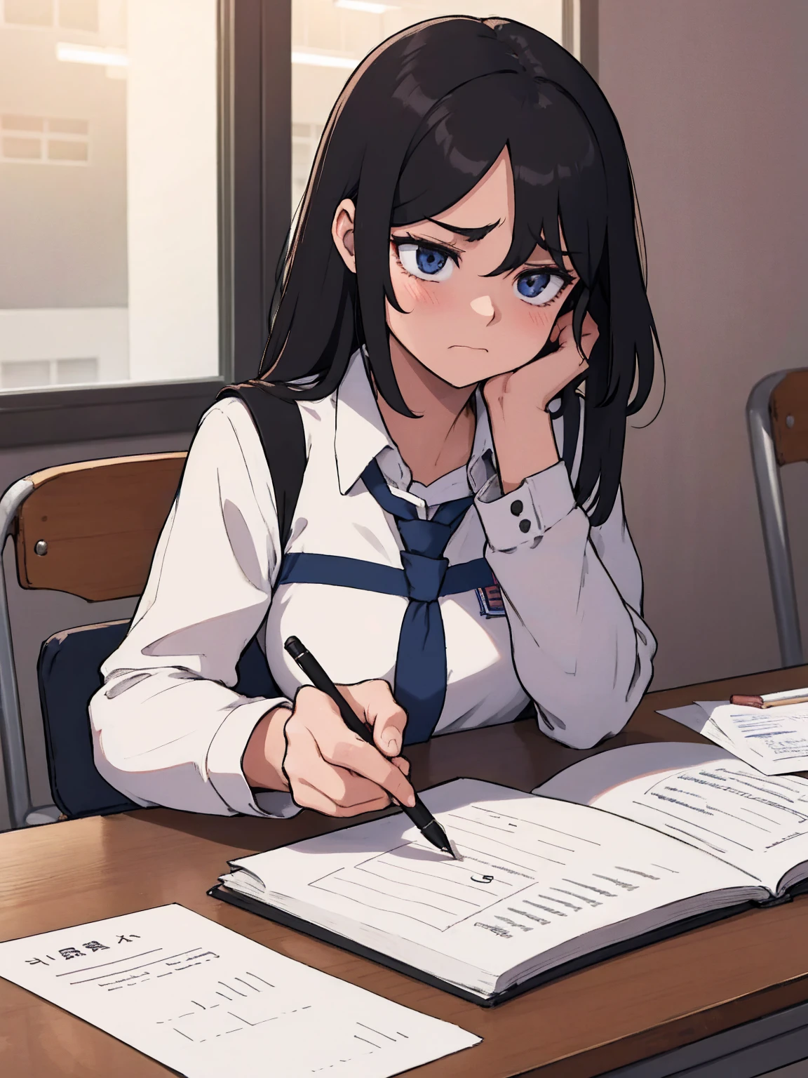 1girl in a student uniform is writing on an exam paper, student, holding a pen, frustration, student, angry girl, frustrated expression, harsh, sat at a desk, anger, writing on an exam paper, 