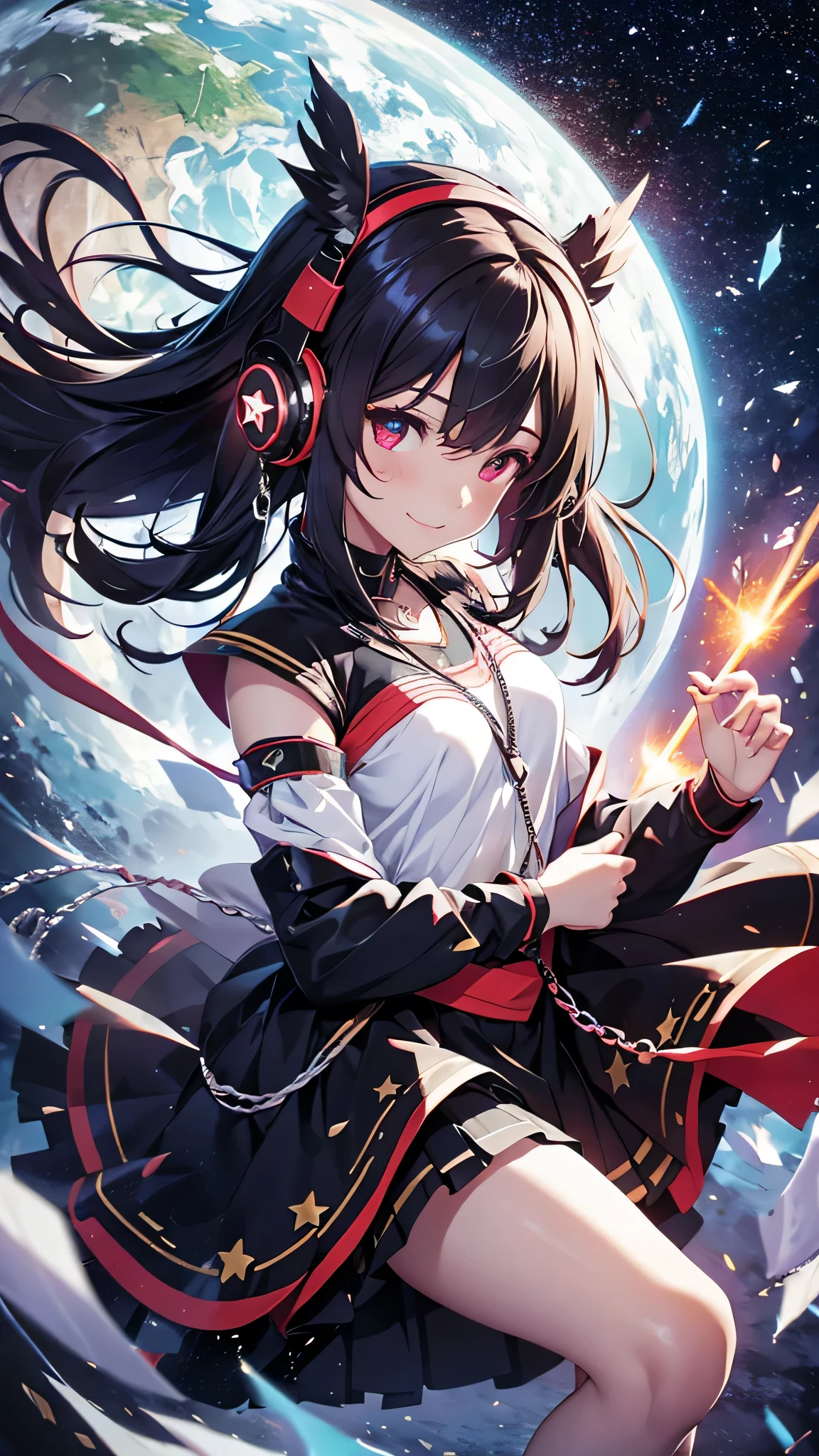 Highest quality、Highest quality、Masterpiece、girl((20-year-old、as soon as、Highest Bust、Medium Bust、Wide open chest、Red glowing eyes、Black Ear、Red Mesh、Disheveled Hair、Loincloth、thin、The best valley、Open chest、hair ornaments、Full body view、Black Universe Suit、Black Skirt、Random Pause、smile、headphone、Chain Accessories、necklace))、high quality、Beautiful Art、background((Collapsing Ground、no gravity、Floating Object、shooting star、universe、comet))、Depth((Earth))、flight、Flying Debris、Depth of text、movie、Visual Arts、Perfect Art、8K、Genuine、Special Angles
