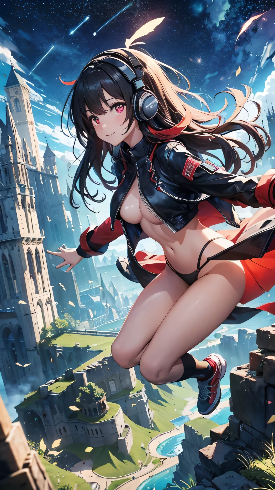 Highest quality、Highest quality、Masterpiece、girl((20-year-old、as soon as、Highest Bust、Medium Bust、Wide open chest、Red glowing eyes、Black Ear、Red Mesh、Disheveled Hair、Loincloth、thin、The best valley、Open chest、hair ornaments、Full body view、NSFW(Completely naked)、Random Pause、smile、Headphones embarrassed face))、high quality、Beautiful Art、background((Collapsing Ground、no gravity、Floating Object、shooting star、universe、comet))、Depth((Earth))、flight、Flying Debris、Depth of text、movie、Visual Arts、Perfect Art、8K、Genuine、Special Angles