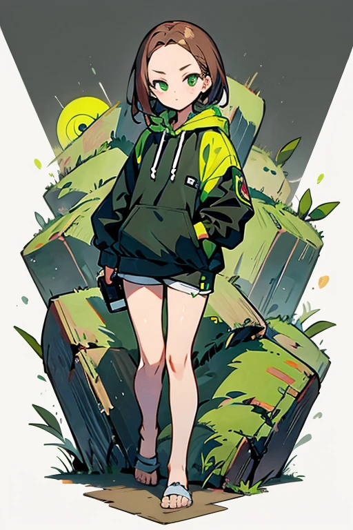  eye, exposed ,15 years old、juvenile, Forehead、 green_eye, Brown_hair, Hello, have, Jacket、hoodie、Shoulder Bare、Large hood、Brownのhair, Shorts、feet、Thighs、white background, full body