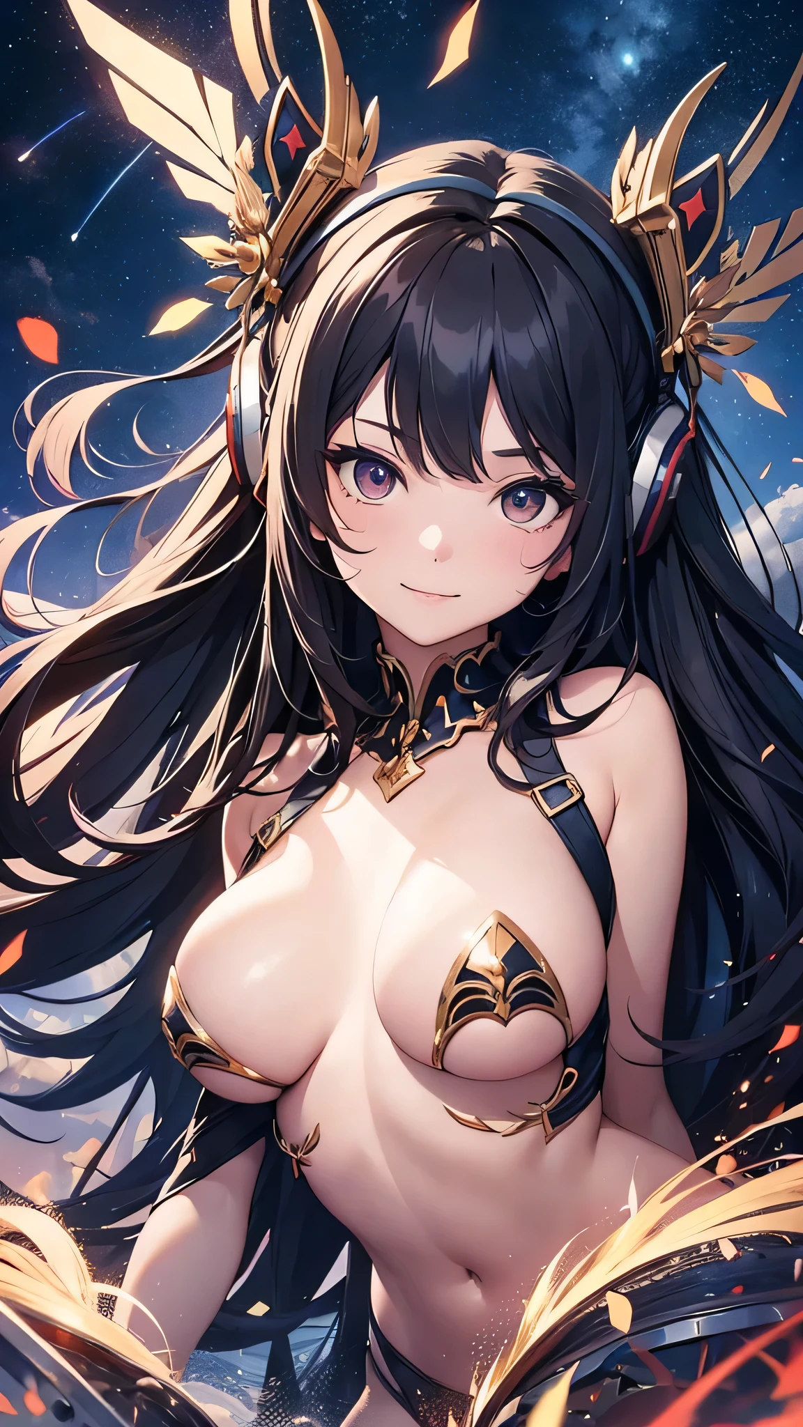 Highest quality、Highest quality、Masterpiece、girl((20-year-old、as soon as、Highest Bust、Medium Bust、Wide open chest、Red glowing eyes、Black Ear、Red Mesh、Disheveled Hair、Loincloth、thin、The best valley、Open chest、hair ornaments、Full body view、NSFW(Completely naked)、Random Pause、smile、Headphones embarrassed face))、high quality、Beautiful Art、background((Collapsing Ground、no gravity、Floating Object、shooting star、universe、comet))、Depth((Earth))、flight、Flying Debris、Depth of text、movie、Visual Arts、Perfect Art、8K、Genuine、Special Angles