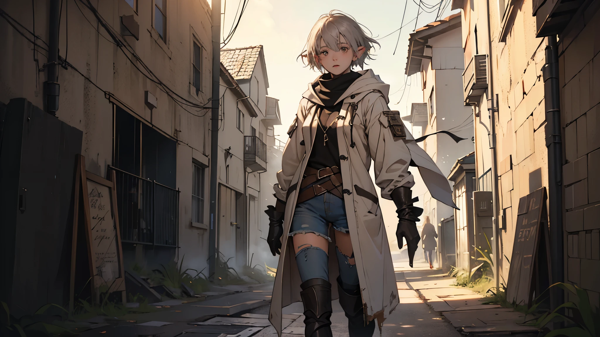 masterpiece, ultra detailed, 8K Portrait, Raw photo, a portrait photo of girl, Highly detailed face, beautiful and meticulous eyes, ((Fantasy)), (elf:1.0), 1girl, , young girl, little, gray short hair, brown eyes, Kind face, skinny, (dirty and tattered clothes), dirty and tattered hooded long white coat Fluttering in the wind, ((bare foots)), Midday Sun, Hyper realistic, in a medieval back alley, Ambient lighting, Shadow details , strong breeze, Light fog