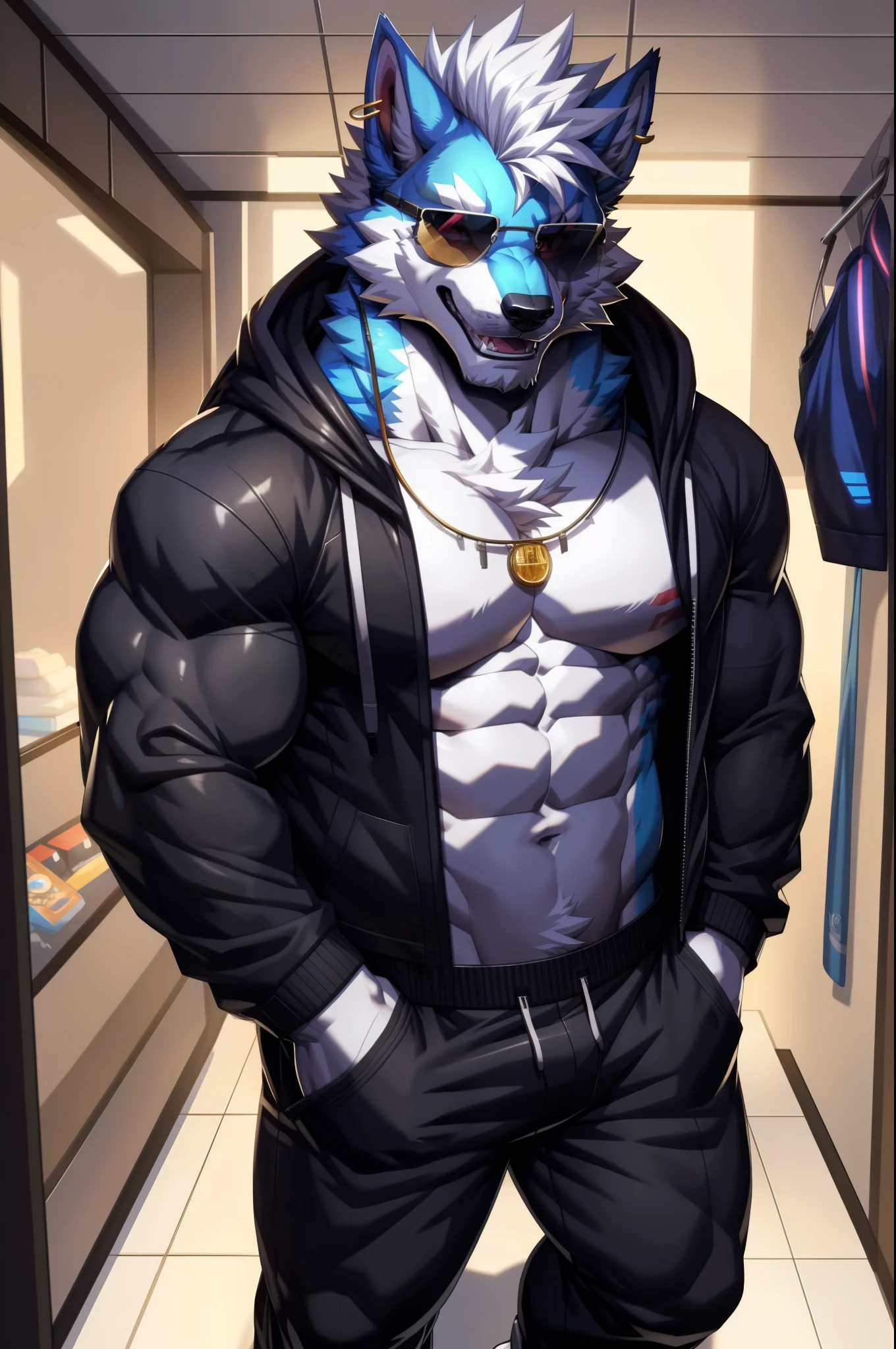 solo, anthro, furry, furry male, wolf, ((fluffy fur, fluffy, furry body)), (wolf print), red eyes, hair tuft, long hair, (light blue body, blue body, muscles), wolf tail, ((white hair, mohawk hair)), (white muzzle, white forearms), Camera Recording POV, Camera POV, security footage pov, exposing stomach, phone in hand, detailed fluffy fur, detailed face, detailed eyes, baggy hoodie, loose hoodie, black hoodie, black trousers, black jogging bottoms, sunglasses, aviator sunglasses, black trousers, gold earring, tight clothes, white shoes, black aviator sunglasses, smaller arms (full body, round ass, fluffy ass, Red LED glowing collar), cyberpunk, valorant,(by DRKS, by raccoon21, by Sollyz, by null-ghost, masterpiece, high quality,hi res,8k hd), close-view portrait, looking at viewer, indoors, changing room, clothing store, cute face, open mouth, teeth, detailed teeth, grinning expression, camera view angled from above, heavy shadows, athletic build, full body,