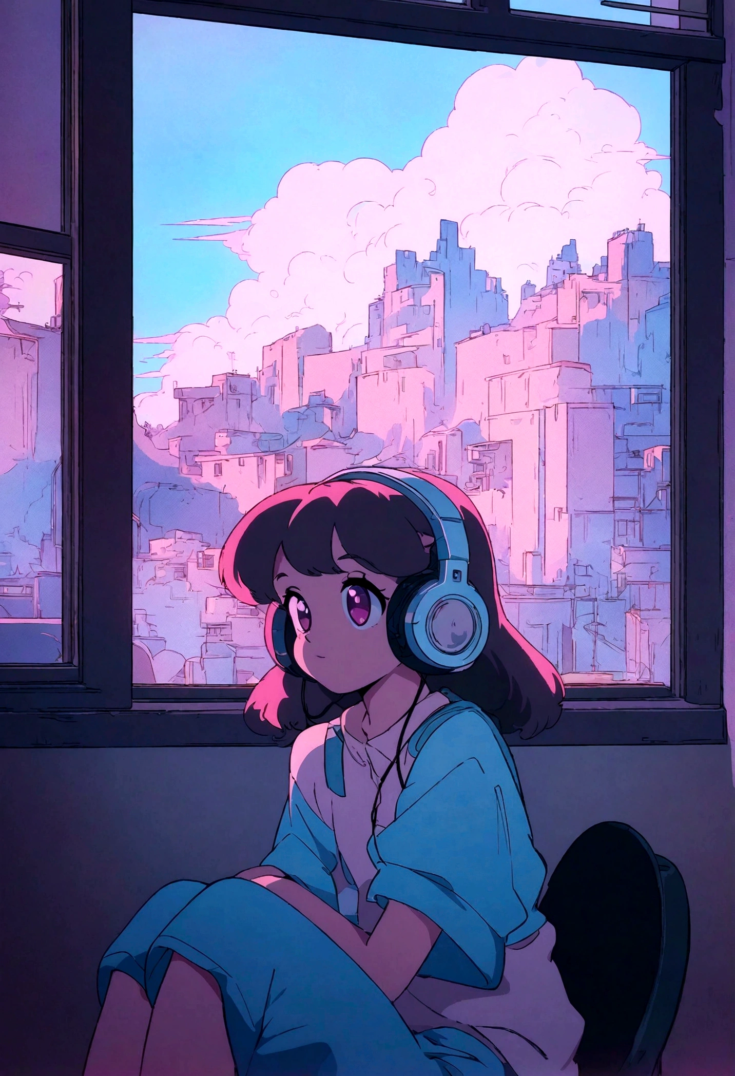 anime boy with headphones looking out a window at a city, lofi girl, anime vibes, lofi artstyle, anime style 4 k, anime aesthetic, nightcore, lofi feel, lofi art, anime art wallpaper 4 k, anime art wallpaper 4k, anime wallpaper 4 k, anime wallpaper 4k, lofi vibes