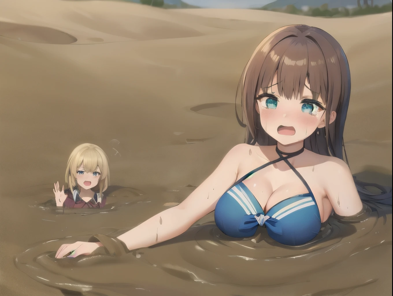 best quality, female, multiple girls, group tied up, group submerged, front view, muddy, cheerleaders, cleavage, large breasts, wasteland, desert, best quality, sinking, quicksand, 6girls, crowded, close up, sand, slender, 6 girls, tears, blush, drowning, waist deep, 6 girls in quicksand, top, desertscape, 6girls together, scream, struggling, 6 girls drowning, 6 girls wrapped by quicksand, FGOErice, aichan, klaudia valentz
