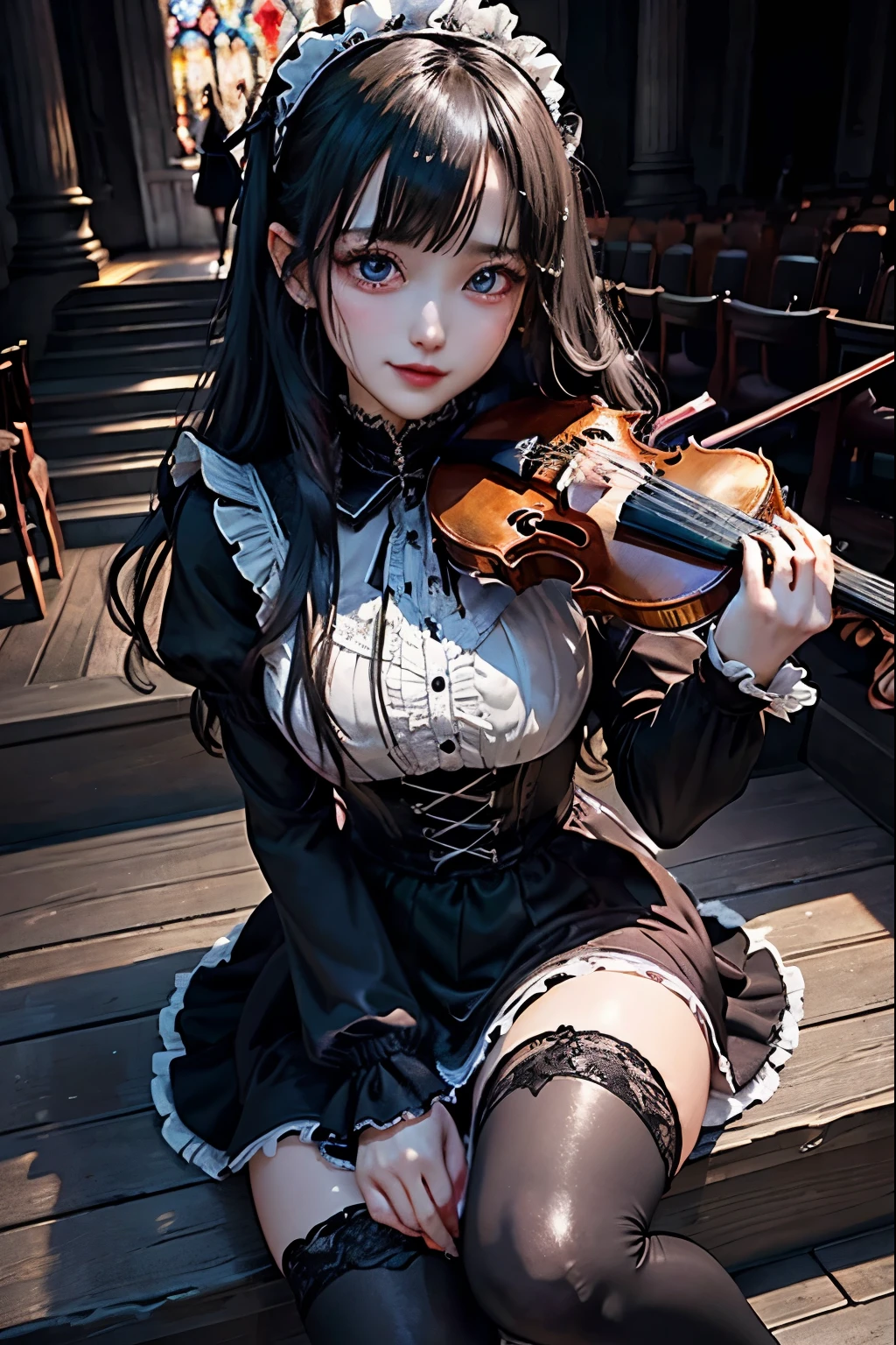 ハードDark Gothicメイク、Deep Night Sky、Horror、Black dark eyeshadow、sad、Good skin radiance、Dark Gothicメイク、Dark smile、palace、24-years-old、Embarrassed look、Dark Gothic、Obscene language、highest quality、Drunk face、紫のMaid clothes、Mysterious、Noble、sexy、Loving smile、Right blue eye, Left eye is red、Platform Heel Shoes、Heavy makeup、Gothic ta Clothing、Silver Hair、Long Hair Straight Hair、Cute Gothic Loliress、Beautiful Face、elegant features、Fascinating face、Stained glassが背景、Chest glistening with sweat、The room is dark、gothic long dress、Bell Sleeves、Wizard Sleeve、Decadent look、Sexually excited expression、Glossy thighs wet with water、Thighs that are wet and shiny with oil、Background of a room full of roses、The embroidery is pink、The dress has pink embroidery、Thigh-high socks、Knee-high socks、Gentle expression、Dark black eyeshadow、Stained glassと薔薇背景、Female Duo、Female couple、dark church background、Stained glass、Black metal world、Dark Castle、Slender body、gothic long dress、Maid clothes、Victorian dresses、Her thighs glisten with sweat、My body is wet and shiny、Lots of glitter on the thighy thighs are sticky from sweating、Sweat glistens on the thighs, The whole body is sweaty and shiny、Quite sweaty、My thighs are sweaty、My thighs are so wet、My thighs are shining with sweat、A lot of sweat glistens all over the body、Small breasts、Orchestra StageStage、Dynamic Angle、sitting on a gothic chair、Play the violin gracefully、With a violin、Press the violin strings、violinist、orchestra performance、Thin thighs、slender、Violin body and strings、Sit on a chair、pantyhose、