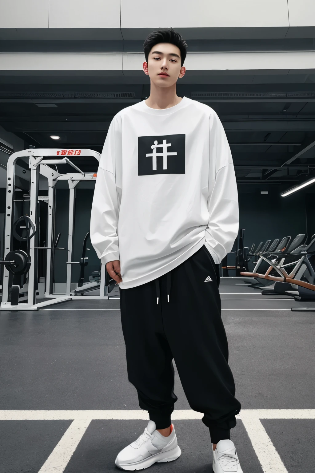 A Shanghai young man in a oversize t shirt and black Jogger trousers stands against a gym center background, full body, Height is 1 cm, sneaker,