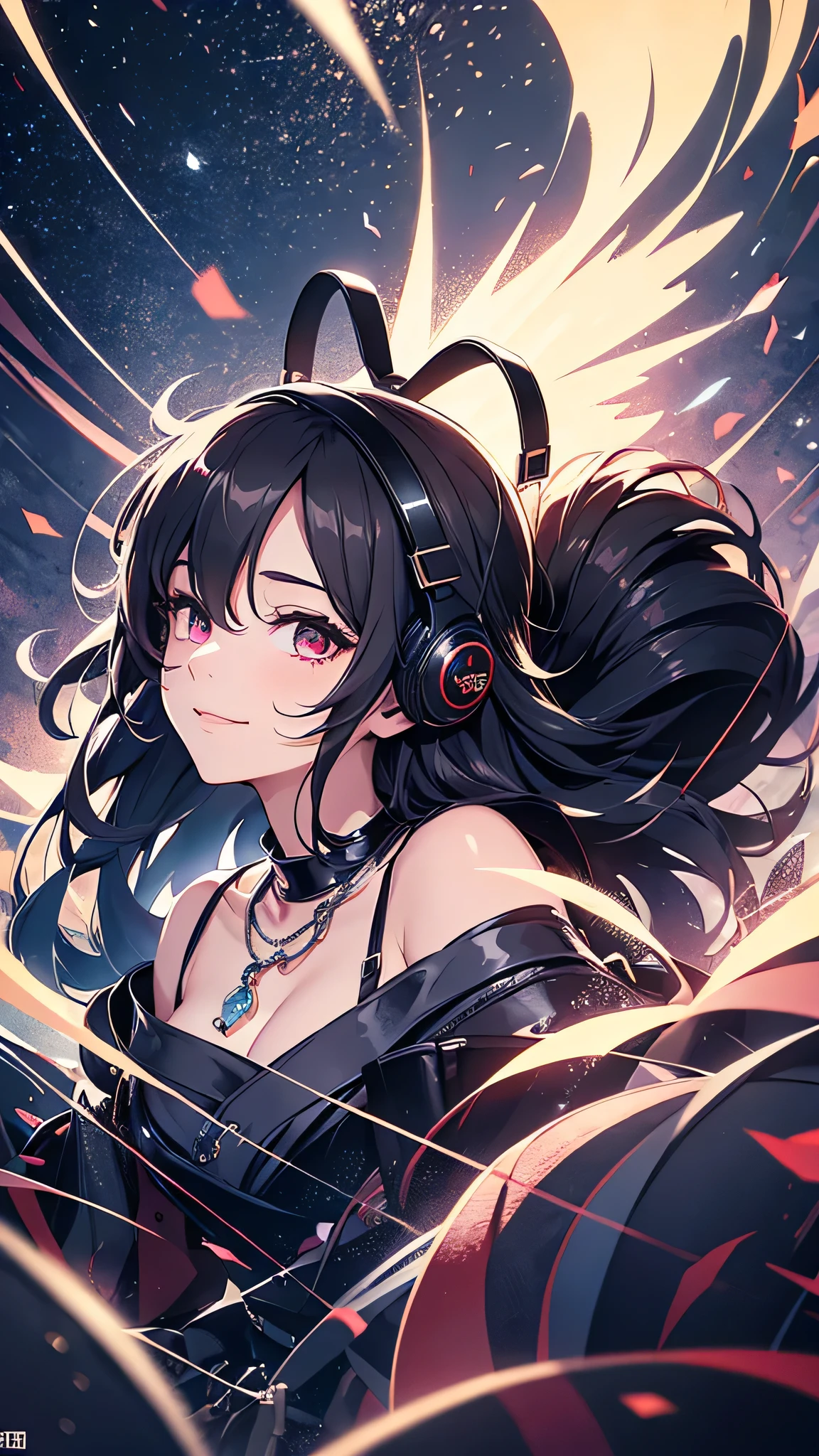 Highest quality、Highest quality、Masterpiece、girl((20-year-old、as soon as、Highest Bust、Medium Bust、Wide open chest、Red glowing eyes、Black Ear、Red Mesh、Disheveled Hair、Loincloth、thin、The best valley、Open chest、hair ornaments、Full body view、Black Universe Suit、Black Skirt、Random Pause、smile、headphone、Chain Accessories、necklace))、high quality、Beautiful Art、background((Collapsing Ground、no gravity、Floating Object、shooting star、universe、comet))、Depth((Earth))、flight、Flying Debris、Depth of text、movie、Visual Arts、Perfect Art、8K、Genuine、Special Angles