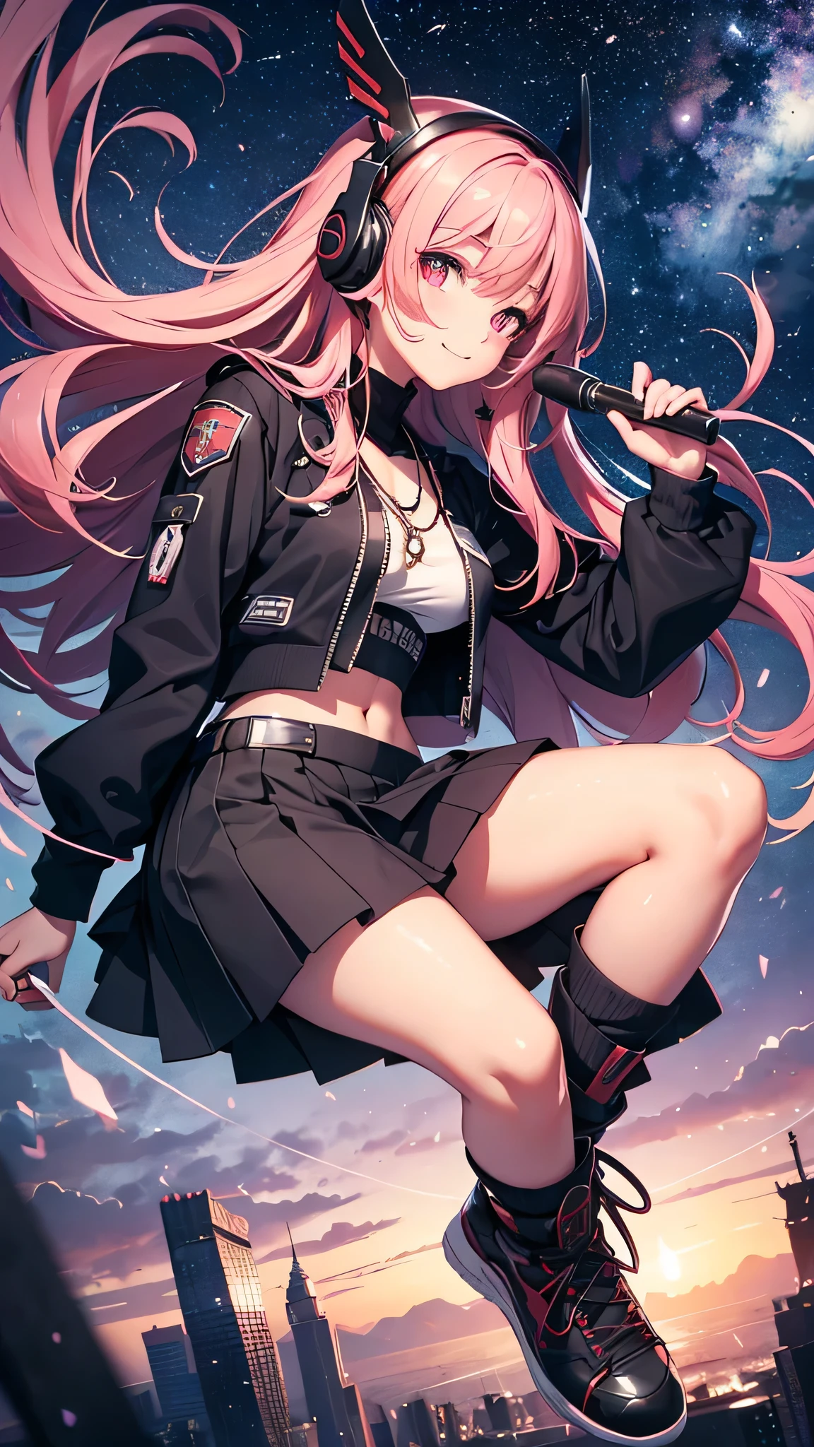 Highest quality、Highest quality、Masterpiece、girl((20-year-old、as soon as、Highest Bust、Medium Bust、Wide open chest、Red glowing eyes、Black Ear、Red Mesh、Disheveled Hair、Loincloth、thin、The best valley、Open chest、hair ornaments、Full body view、Black Universe Suit、Black Skirt、Random Pause、smile、headphone、Chain Accessories、necklace))、high quality、Beautiful Art、background((Collapsing Ground、no gravity、Floating Object、shooting star、universe、comet))、Depth((Earth))、flight、Flying Debris、Depth of text、movie、Visual Arts、Perfect Art、8K、Genuine、Special Angles