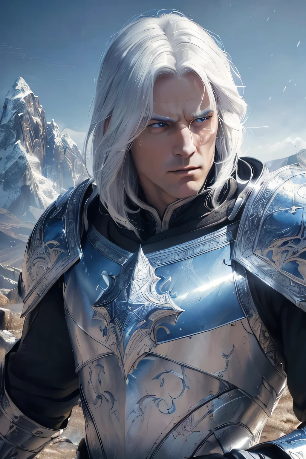 ((best quality),(masterpiece),(detailed),perfect face,a man with medium (white hair),(blue eyes),wearing a armor with a cloak, mountain behind,beautiful,(cinematic),(dramatic lighting),(digital painting),(highly detailed),(sharp focus),(photorealistic),(ultra-realistic),(hyper detailed),(epic),(fantasy),(cinematic composition),(heroic pose),(chiaroscuro),(dramatic), ((young))
