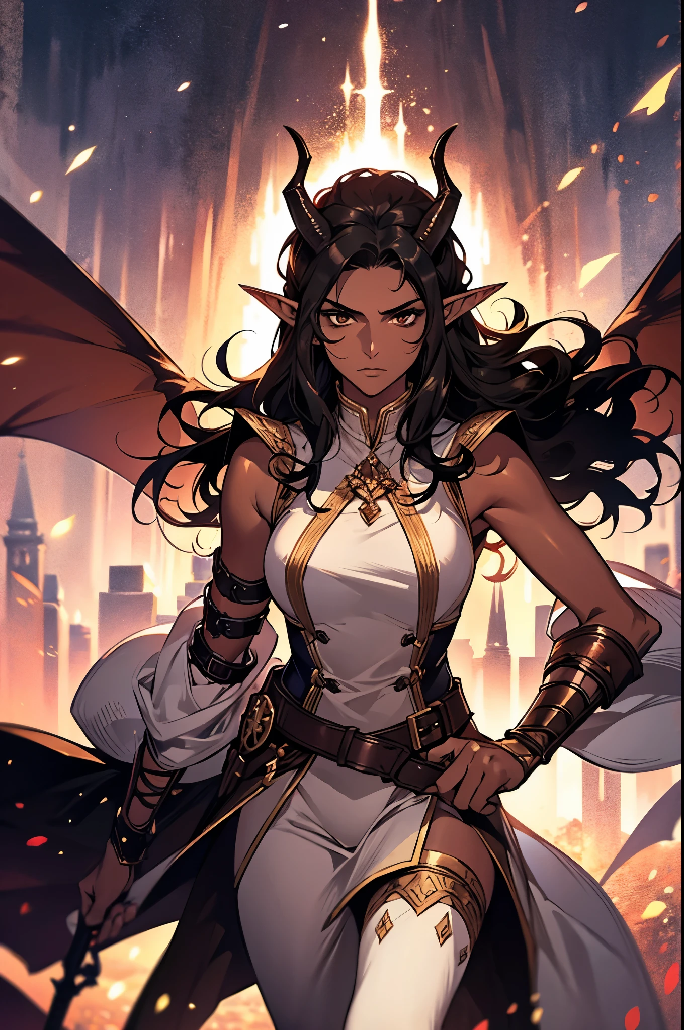 adult, brown skin, sexy, older woman, serious, tall, brown skin, demon wing, black hair, elf ears, horns, queen, fantasy, swords, sleeveless, dark