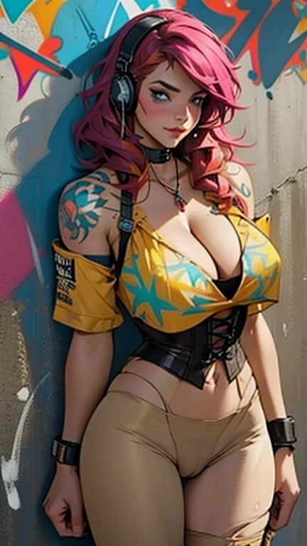 masterpiece, best quality, 2girls, Latinas holding hands, corset, ((colossal cleavage:1.5)), gym leggings, choker, (graffiti:1.2), paint splatter, arms behind back, against wall, looking at viewer, armband, thigh strap, paint on body, head tilt, bored, multicolored hair, aqua eyes, headset, peepshow, nip slip (((petting camel toe)))