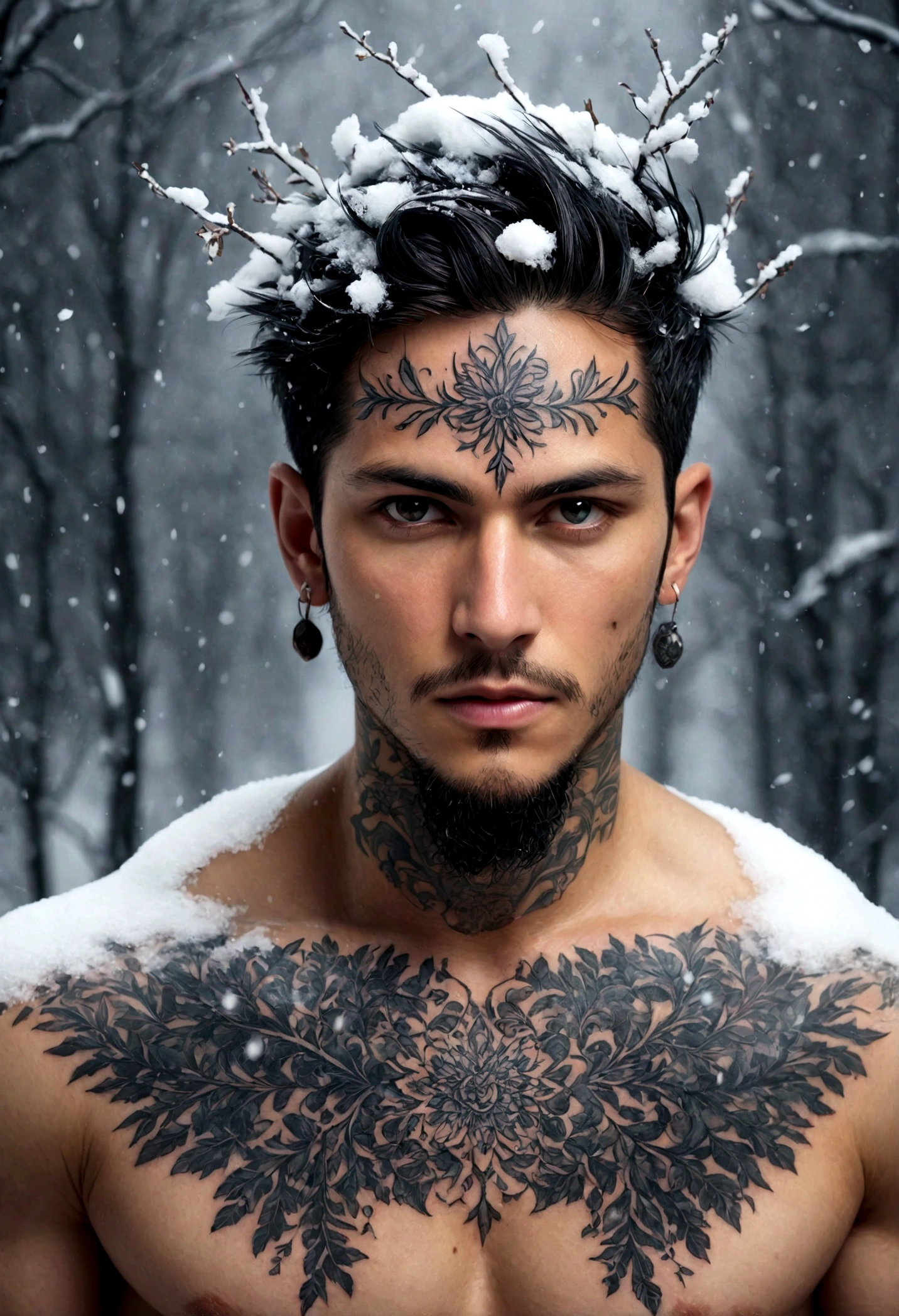 tattoo, (snowstorm, dissolve:1.3), stylish, many details, symmetric, dark fantasy, dark botanical, intricate, imaginative, highly detailed 1man